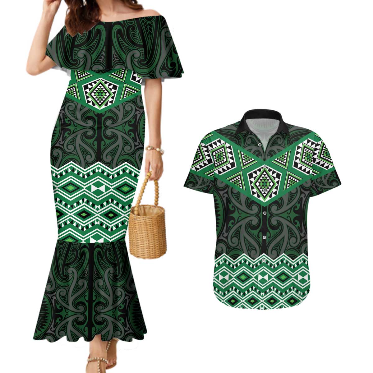 New Zealand Aotearoa Couples Matching Mermaid Dress and Hawaiian Shirt Green Taniko Art Maori Pattern