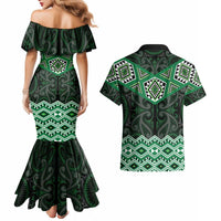 New Zealand Aotearoa Couples Matching Mermaid Dress and Hawaiian Shirt Green Taniko Art Maori Pattern