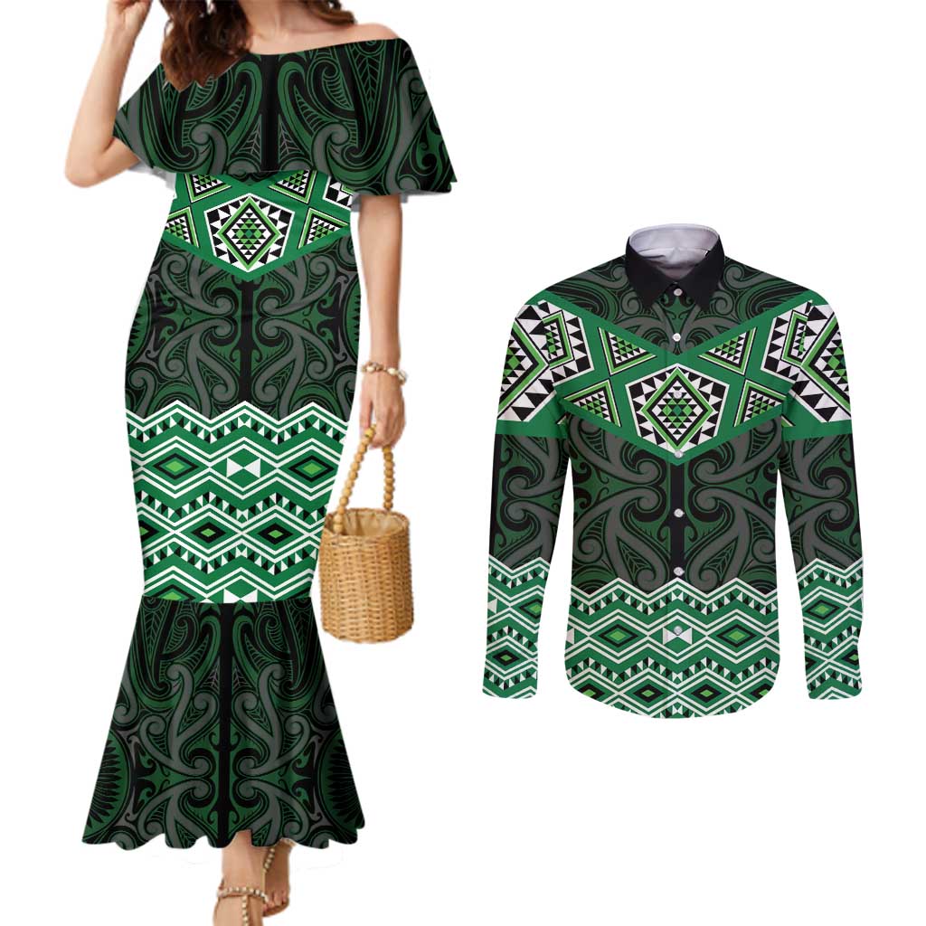 New Zealand Aotearoa Couples Matching Mermaid Dress and Long Sleeve Button Shirt Green Taniko Art Maori Pattern