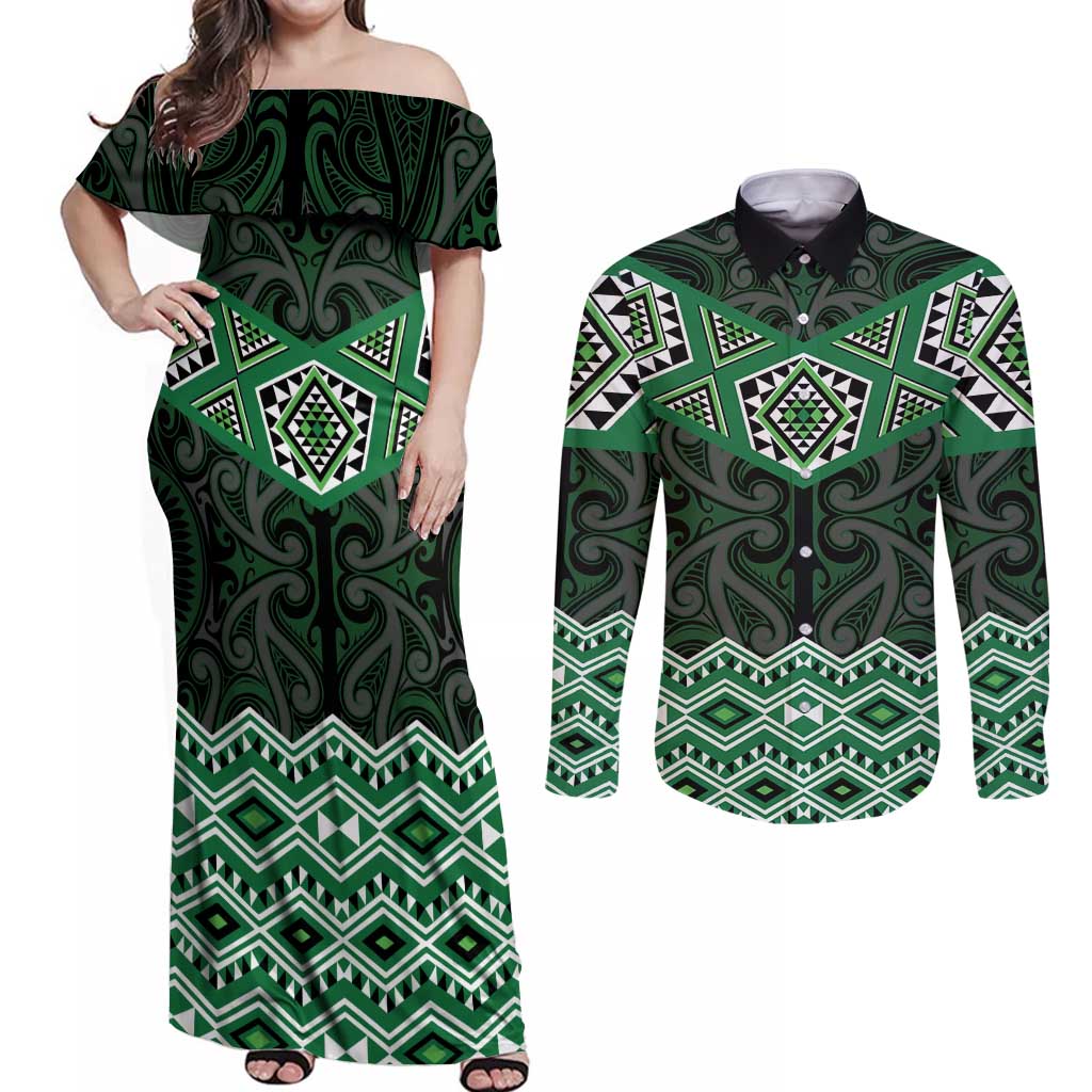 New Zealand Aotearoa Couples Matching Off Shoulder Maxi Dress and Long Sleeve Button Shirt Green Taniko Art Maori Pattern