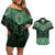 New Zealand Aotearoa Couples Matching Off Shoulder Short Dress and Hawaiian Shirt Green Taniko Art Maori Pattern