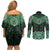 New Zealand Aotearoa Couples Matching Off Shoulder Short Dress and Long Sleeve Button Shirt Green Taniko Art Maori Pattern