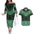 New Zealand Aotearoa Couples Matching Off The Shoulder Long Sleeve Dress and Hawaiian Shirt Green Taniko Art Maori Pattern