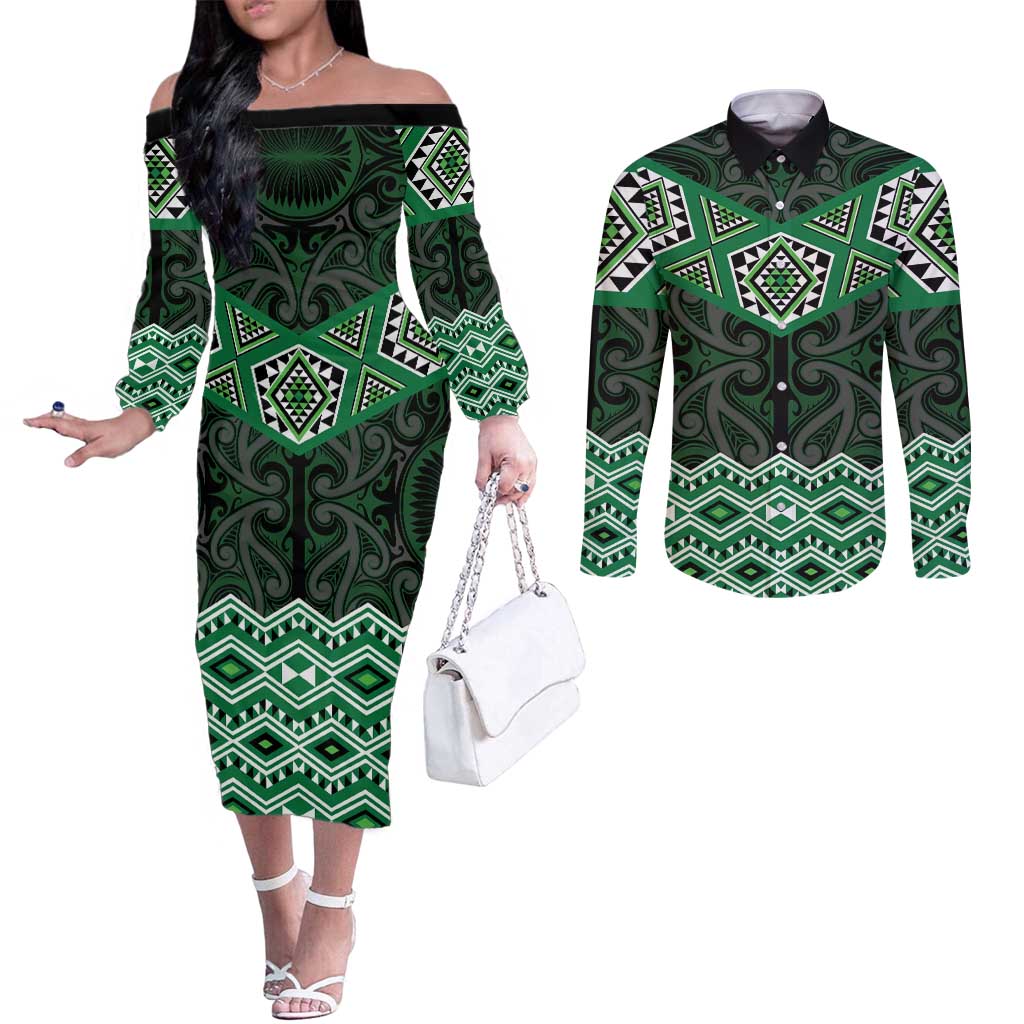 New Zealand Aotearoa Couples Matching Off The Shoulder Long Sleeve Dress and Long Sleeve Button Shirt Green Taniko Art Maori Pattern