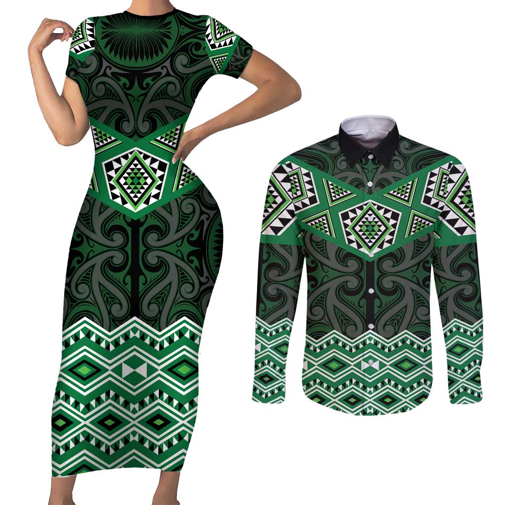 New Zealand Aotearoa Couples Matching Short Sleeve Bodycon Dress and Long Sleeve Button Shirt Green Taniko Art Maori Pattern