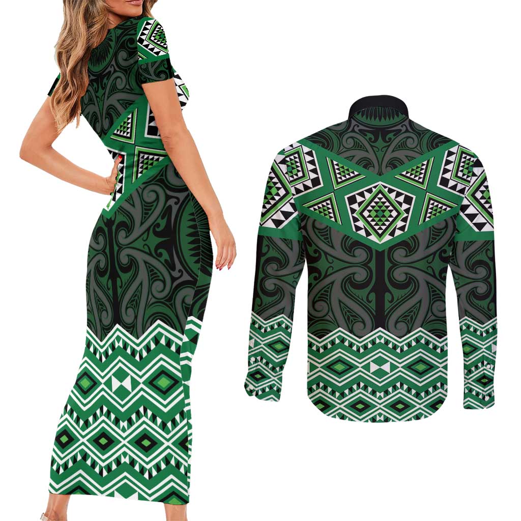 New Zealand Aotearoa Couples Matching Short Sleeve Bodycon Dress and Long Sleeve Button Shirt Green Taniko Art Maori Pattern LT05 - Polynesian Pride