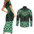 New Zealand Aotearoa Couples Matching Short Sleeve Bodycon Dress and Long Sleeve Button Shirt Green Taniko Art Maori Pattern