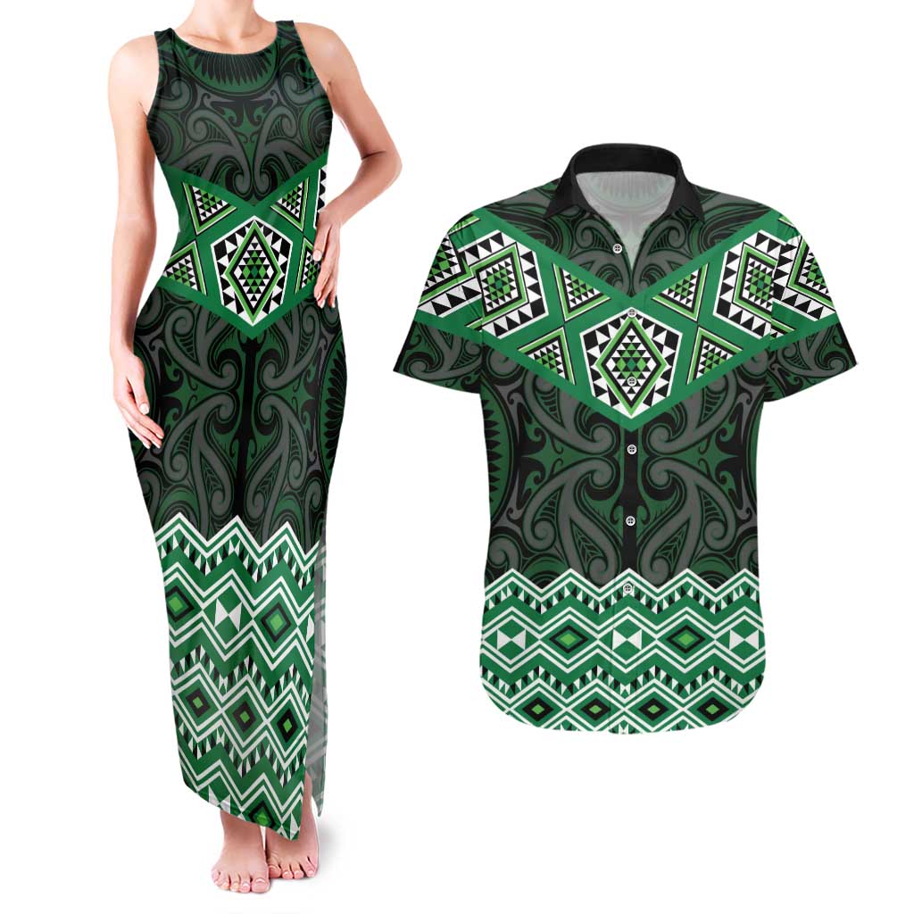 New Zealand Aotearoa Couples Matching Tank Maxi Dress and Hawaiian Shirt Green Taniko Art Maori Pattern