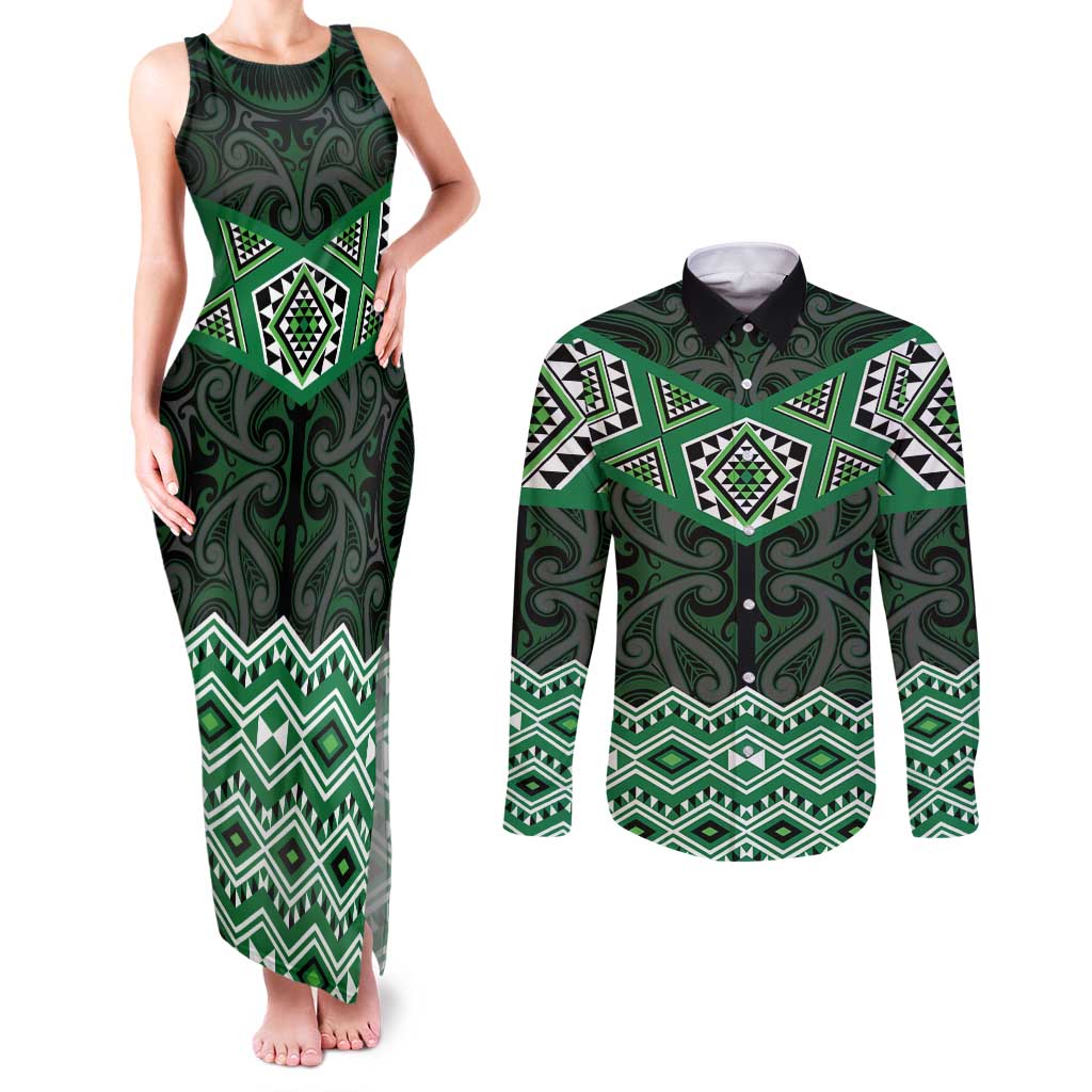 New Zealand Aotearoa Couples Matching Tank Maxi Dress and Long Sleeve Button Shirt Green Taniko Art Maori Pattern