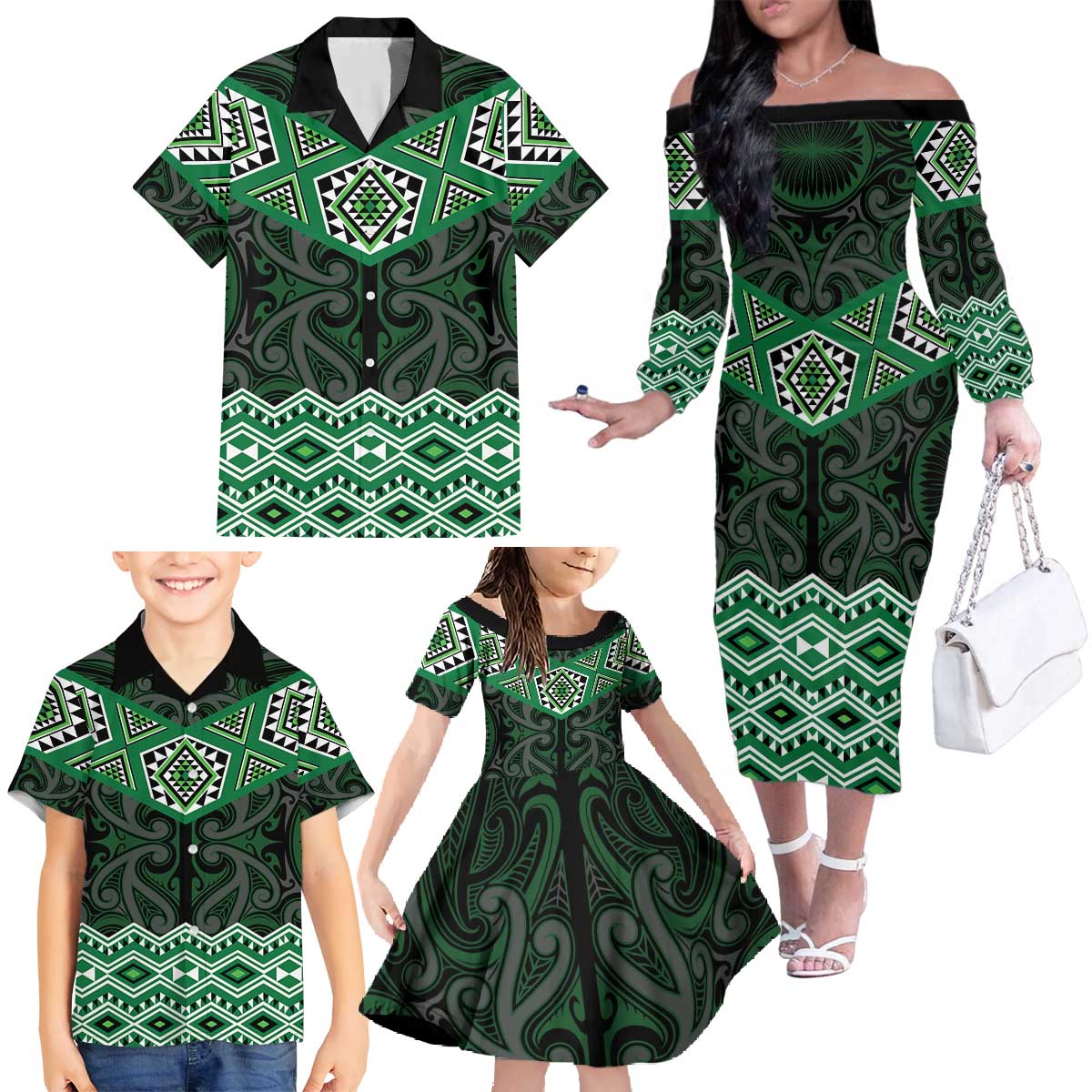 New Zealand Aotearoa Family Matching Off The Shoulder Long Sleeve Dress and Hawaiian Shirt Green Taniko Art Maori Pattern