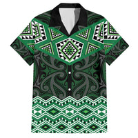 New Zealand Aotearoa Family Matching Off The Shoulder Long Sleeve Dress and Hawaiian Shirt Green Taniko Art Maori Pattern