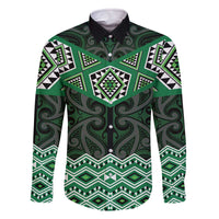 New Zealand Aotearoa Family Matching Off The Shoulder Long Sleeve Dress and Hawaiian Shirt Green Taniko Art Maori Pattern