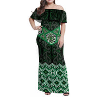New Zealand Aotearoa Family Matching Off Shoulder Maxi Dress and Hawaiian Shirt Green Taniko Art Maori Pattern