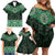 New Zealand Aotearoa Family Matching Off Shoulder Short Dress and Hawaiian Shirt Green Taniko Art Maori Pattern