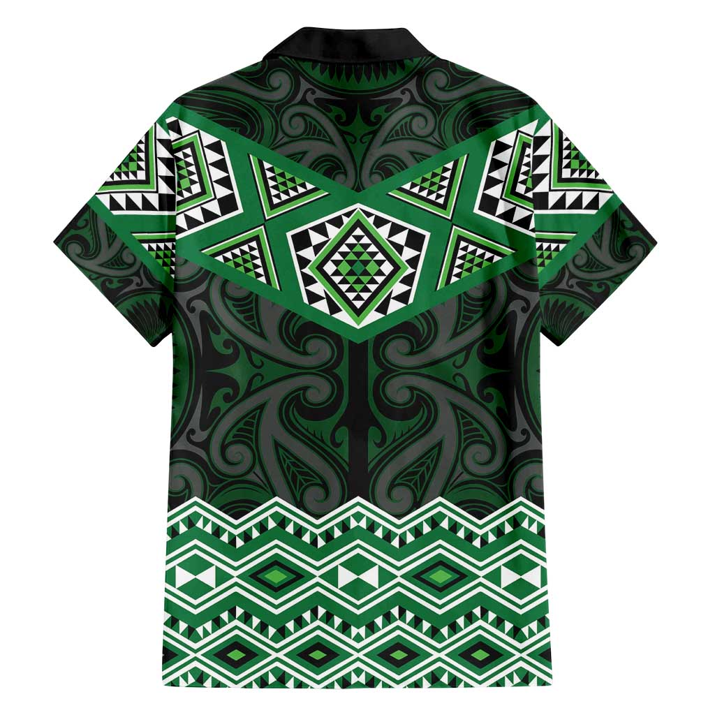 New Zealand Aotearoa Family Matching Off Shoulder Short Dress and Hawaiian Shirt Green Taniko Art Maori Pattern