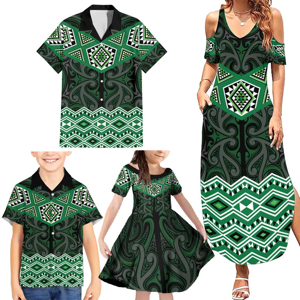 New Zealand Aotearoa Family Matching Summer Maxi Dress and Hawaiian Shirt Green Taniko Art Maori Pattern