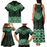 New Zealand Aotearoa Family Matching Tank Maxi Dress and Hawaiian Shirt Green Taniko Art Maori Pattern
