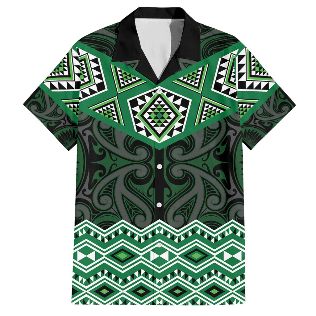 New Zealand Aotearoa Family Matching Tank Maxi Dress and Hawaiian Shirt Green Taniko Art Maori Pattern