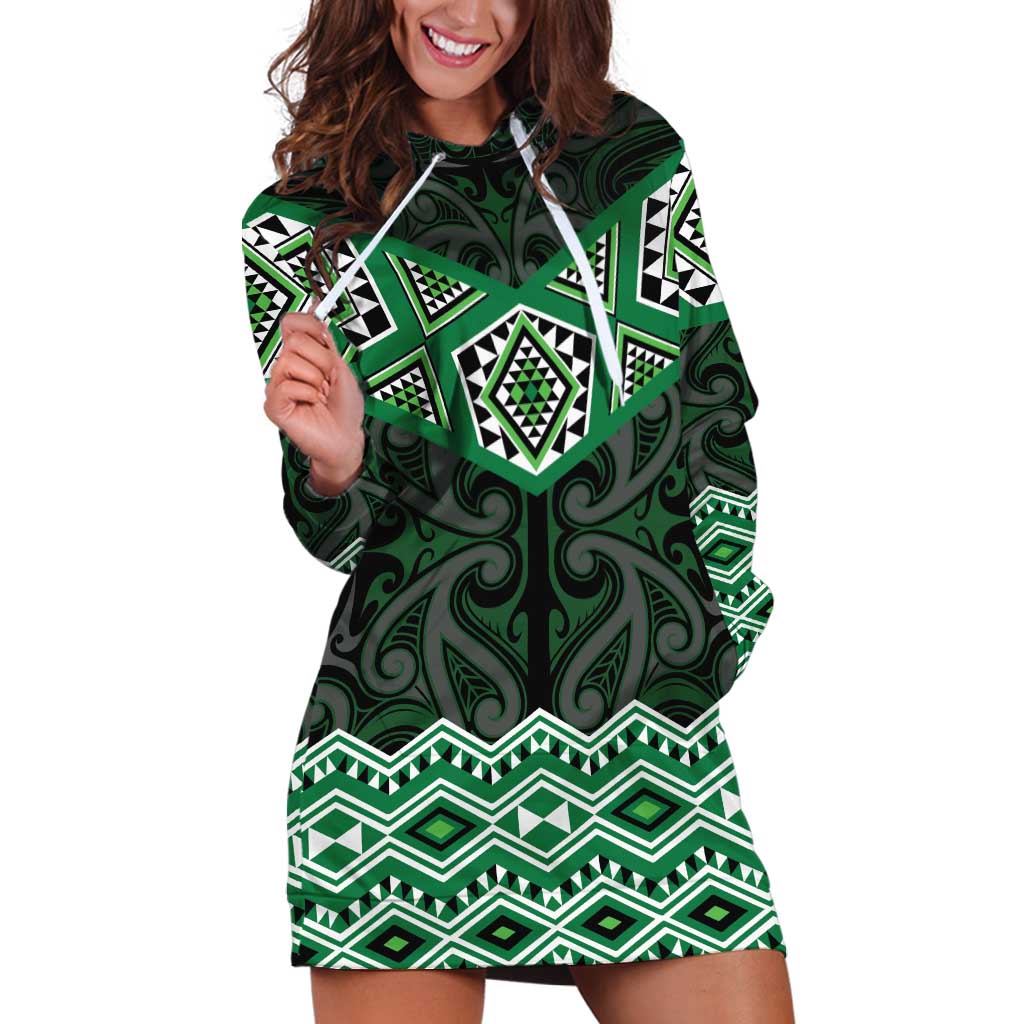 New Zealand Aotearoa Hoodie Dress Green Taniko Art Maori Pattern