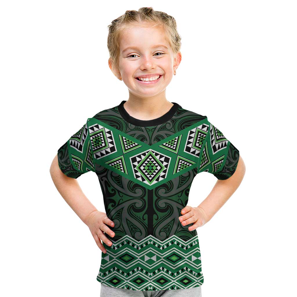 New Zealand Aotearoa Kid T Shirt Green Taniko Art Maori Pattern