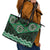 New Zealand Aotearoa Leather Tote Bag Green Taniko Art Maori Pattern