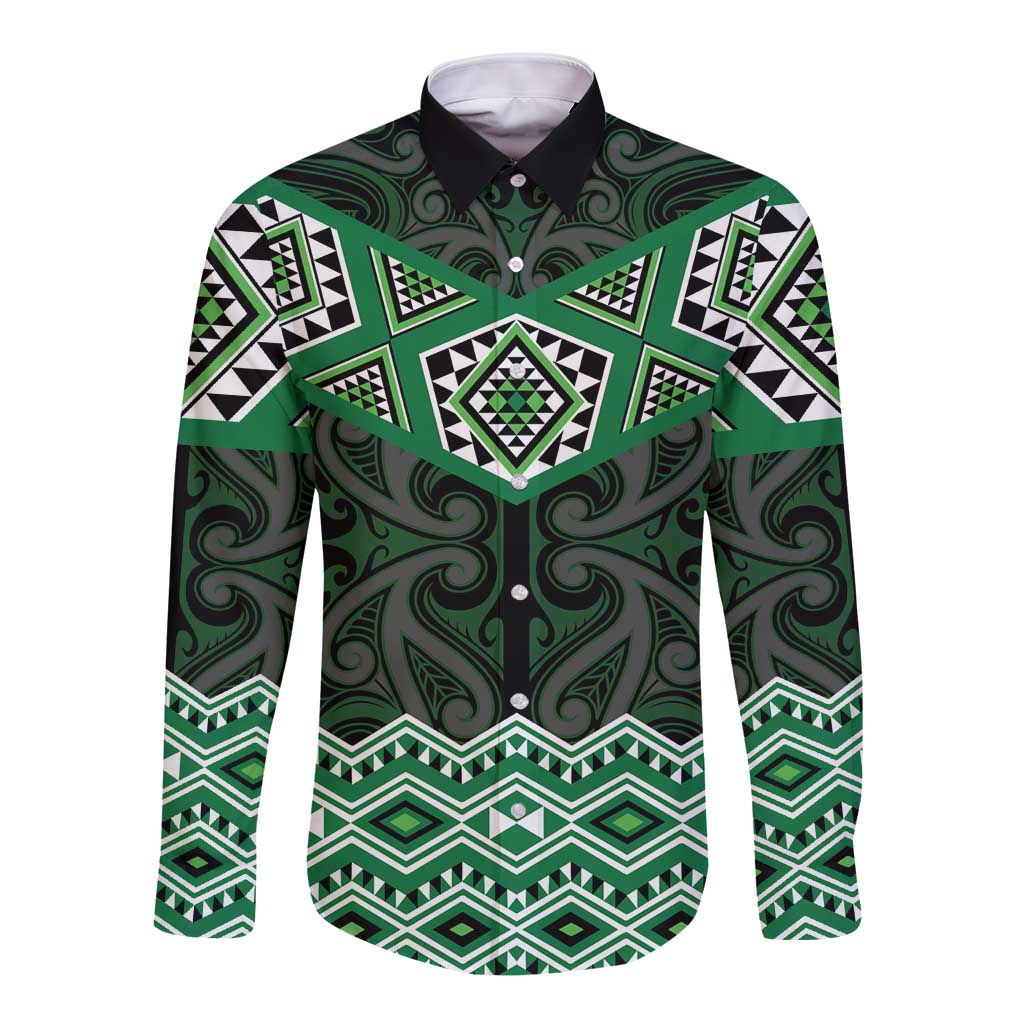 New Zealand Aotearoa Long Sleeve Button Shirt Green Taniko Art Maori Pattern