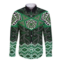 New Zealand Aotearoa Long Sleeve Button Shirt Green Taniko Art Maori Pattern