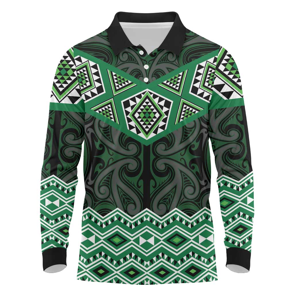 New Zealand Aotearoa Long Sleeve Polo Shirt Green Taniko Art Maori Pattern