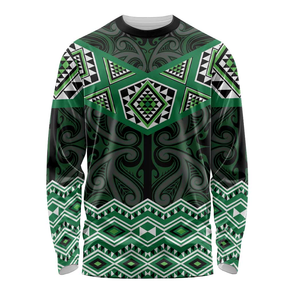 New Zealand Aotearoa Long Sleeve Shirt Green Taniko Art Maori Pattern