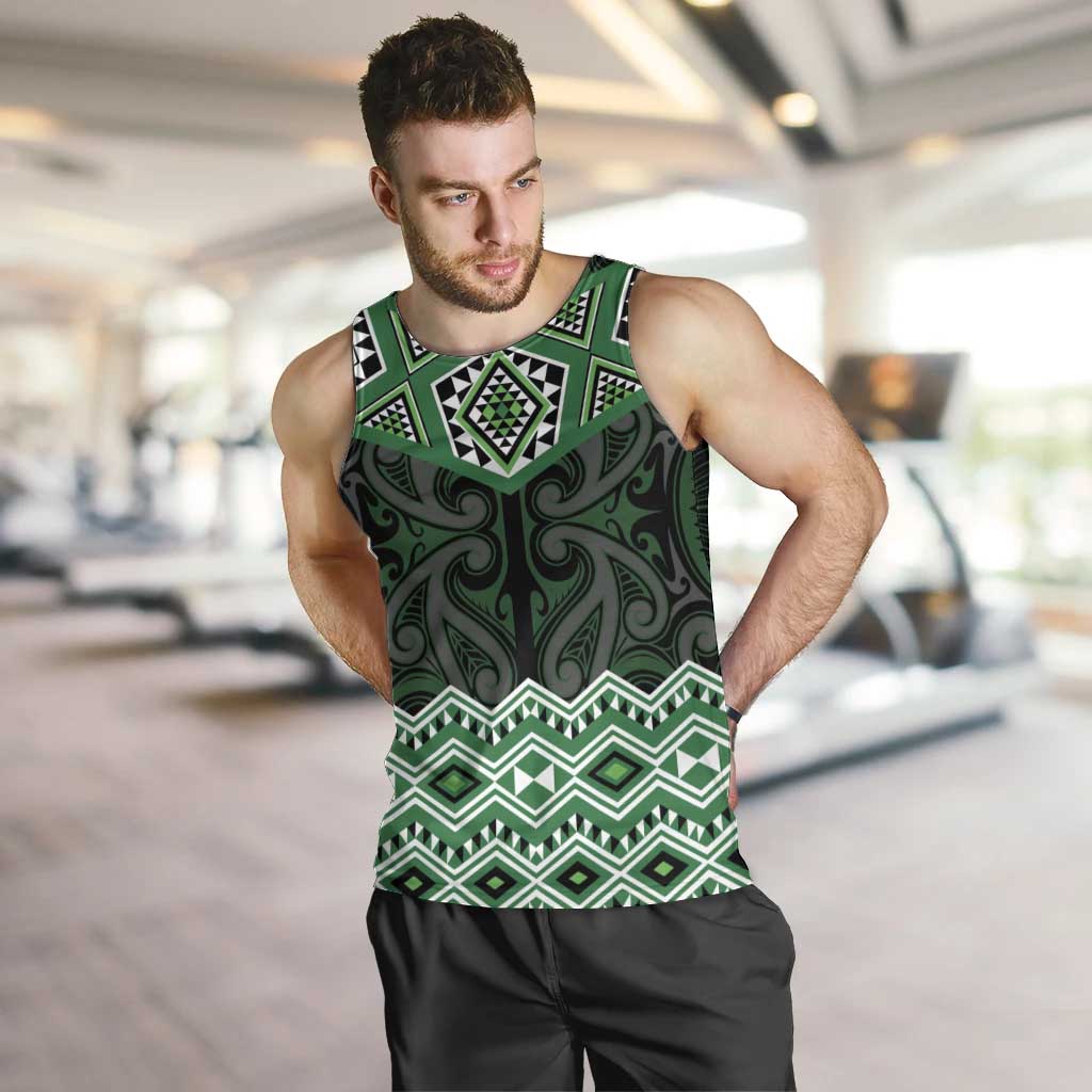 New Zealand Aotearoa Men Tank Top Green Taniko Art Maori Pattern