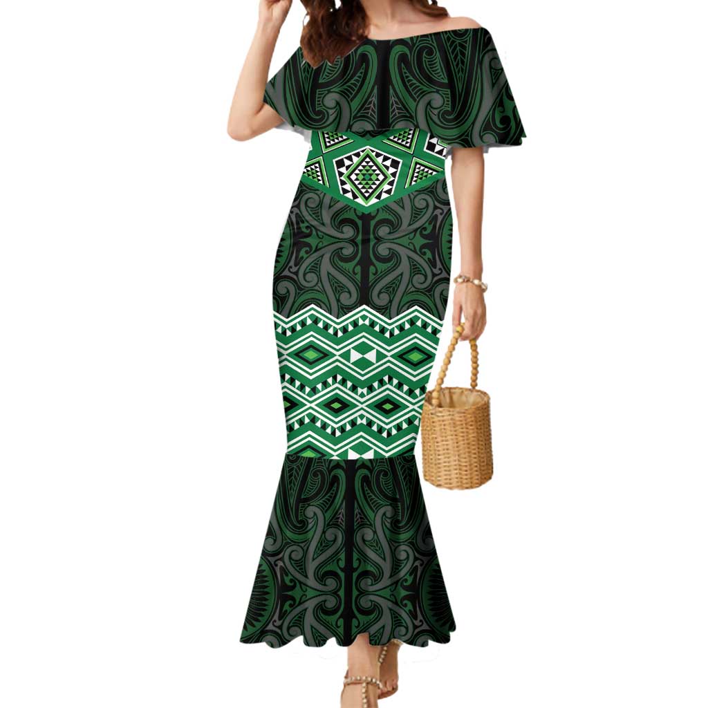 New Zealand Aotearoa Mermaid Dress Green Taniko Art Maori Pattern