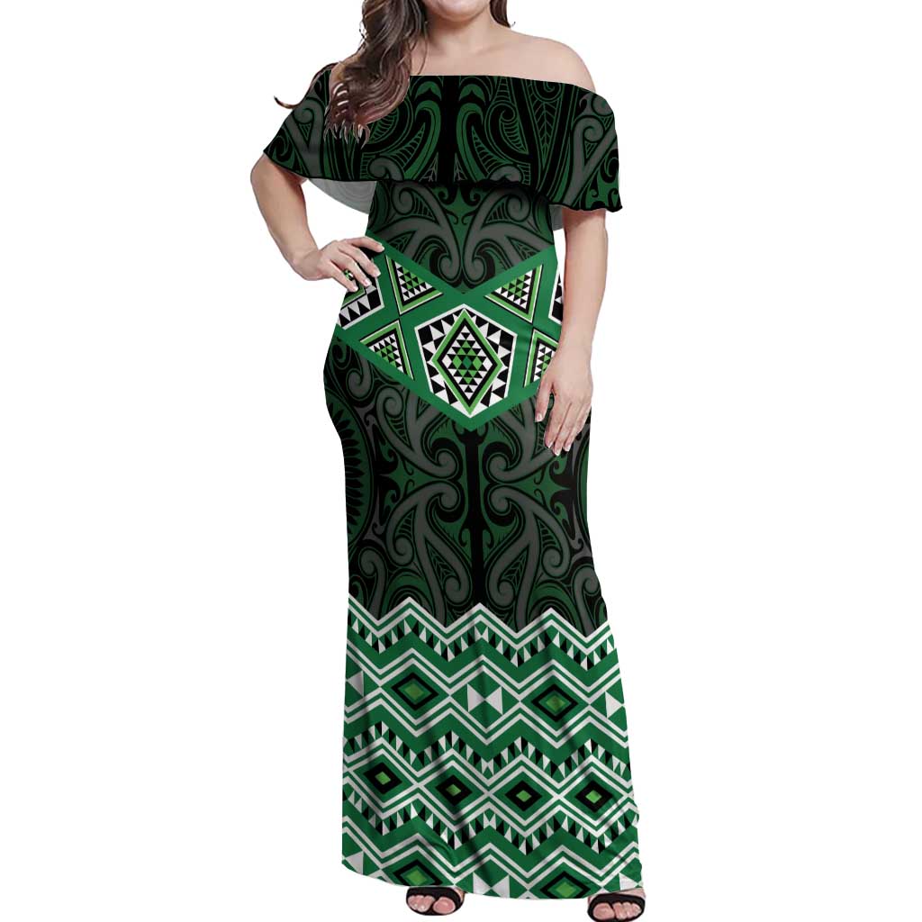 New Zealand Aotearoa Off Shoulder Maxi Dress Green Taniko Art Maori Pattern