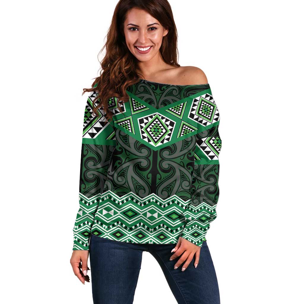 New Zealand Aotearoa Off Shoulder Sweater Green Taniko Art Maori Pattern