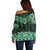 New Zealand Aotearoa Off Shoulder Sweater Green Taniko Art Maori Pattern