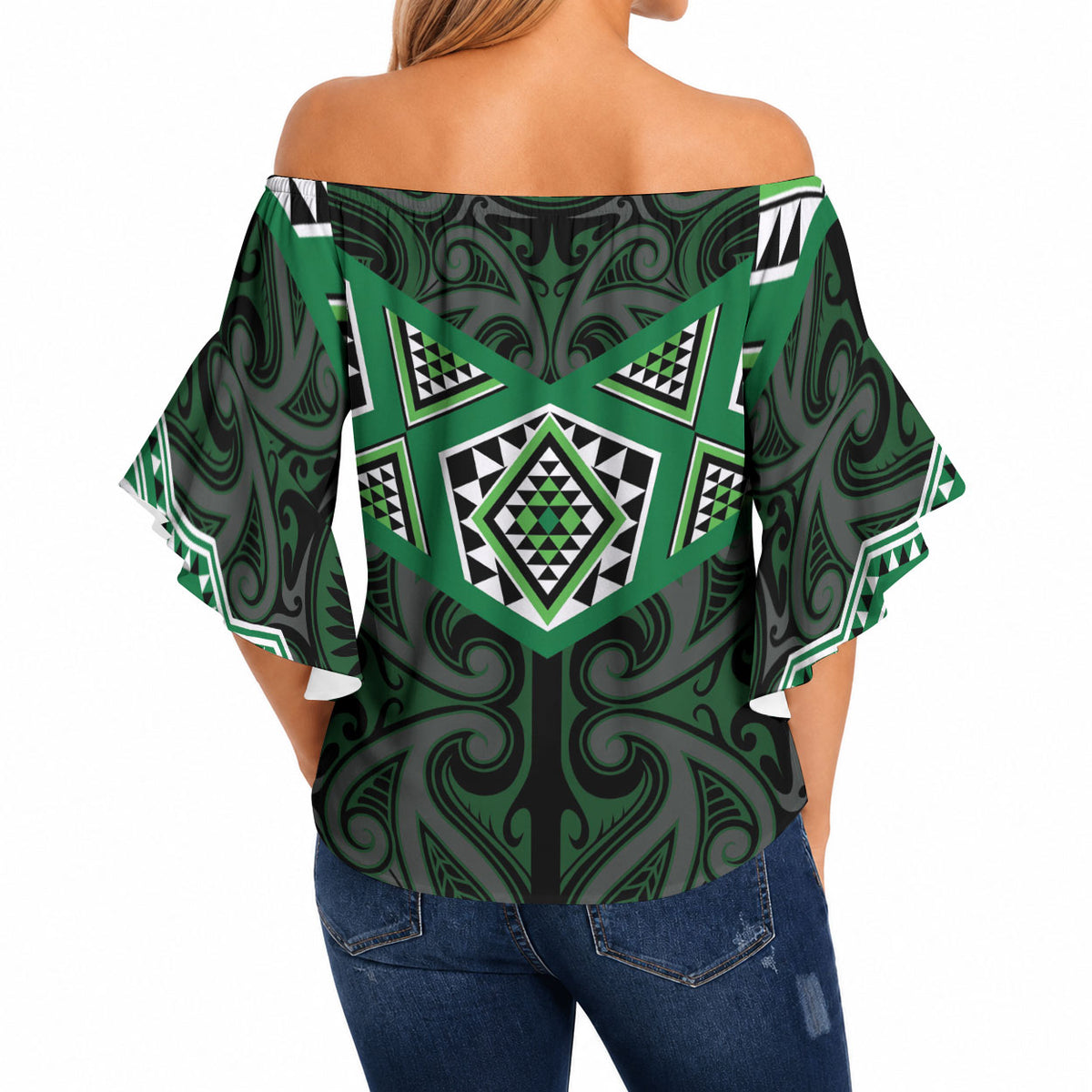 New Zealand Aotearoa Off Shoulder Wrap Waist Top Green Taniko Art Maori Pattern LT05 - Polynesian Pride