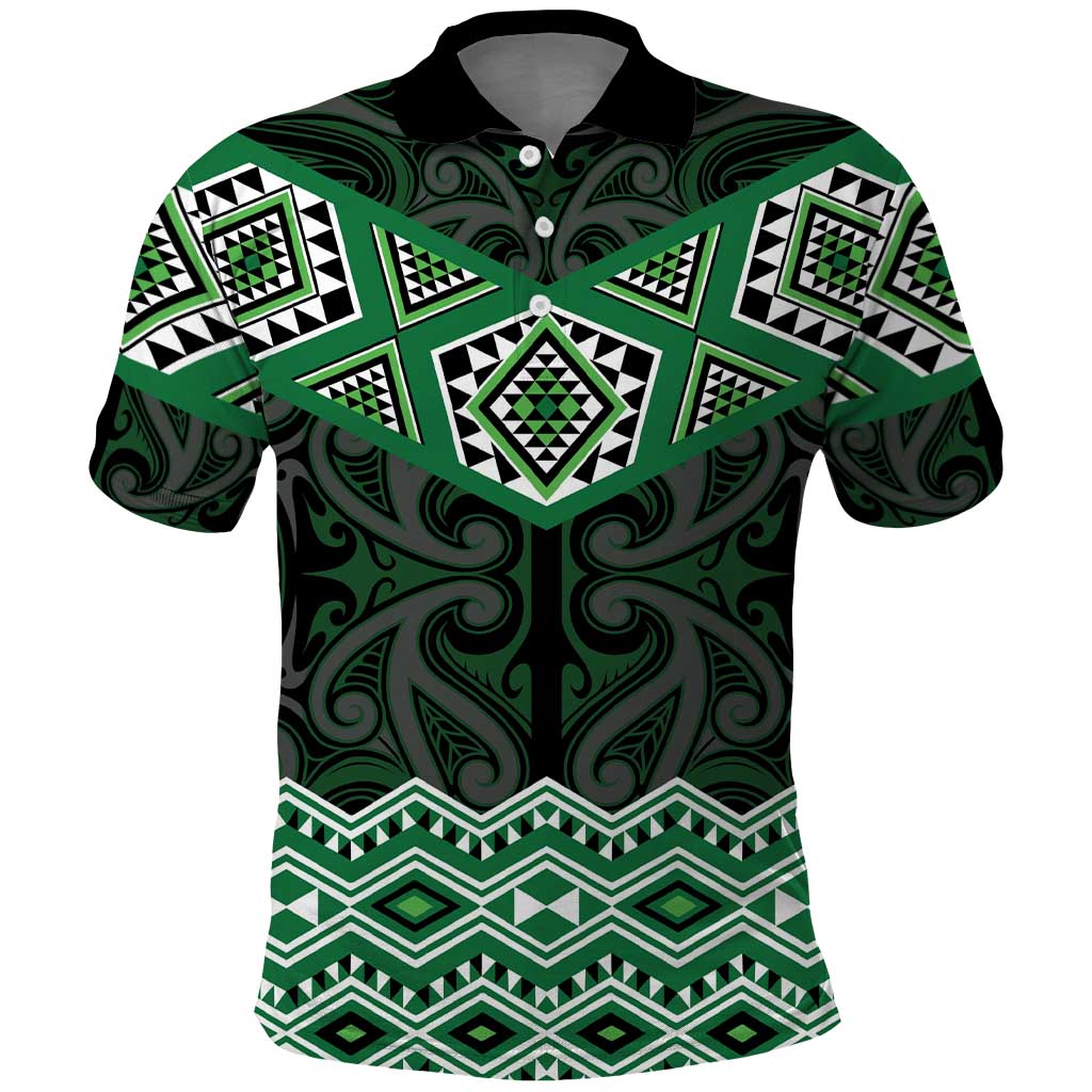 New Zealand Aotearoa Polo Shirt Green Taniko Art Maori Pattern