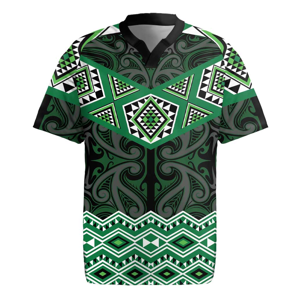 New Zealand Aotearoa Rugby Jersey Green Taniko Art Maori Pattern