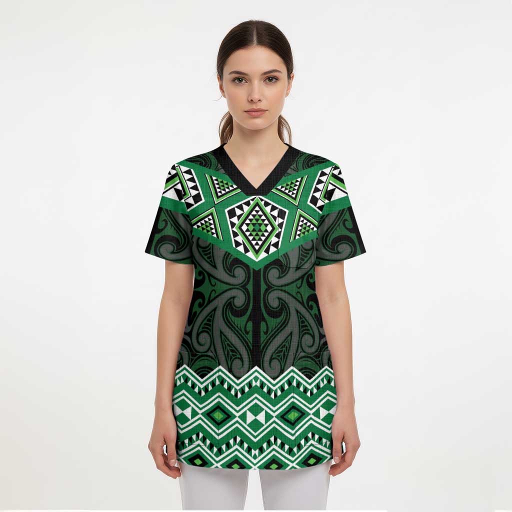 New Zealand Aotearoa Scrub Top Green Taniko Art Maori Pattern - Polynesian Pride