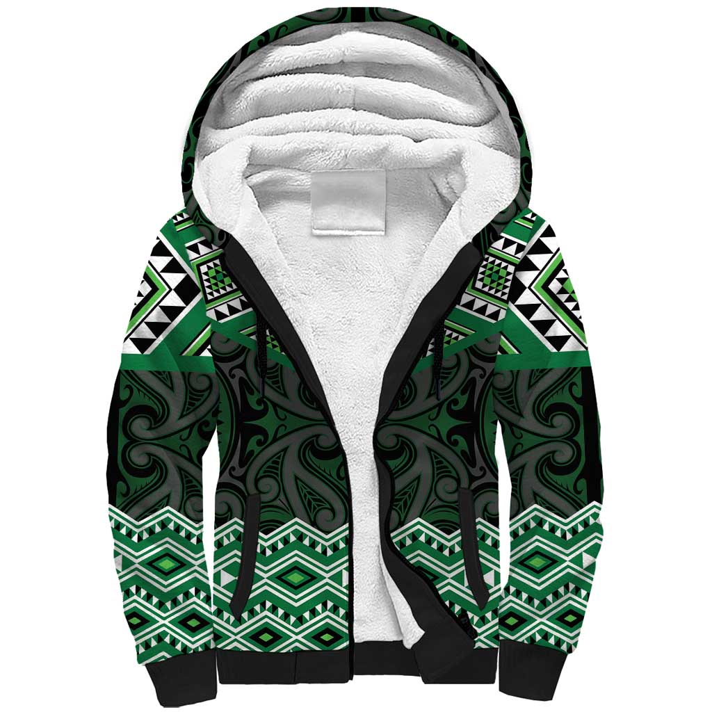 New Zealand Aotearoa Sherpa Hoodie Green Taniko Art Maori Pattern