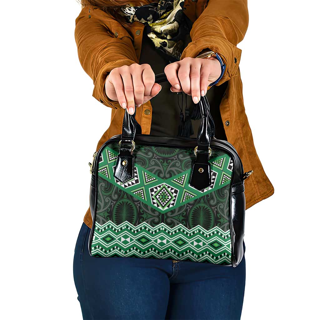 New Zealand Aotearoa Shoulder Handbag Green Taniko Art Maori Pattern