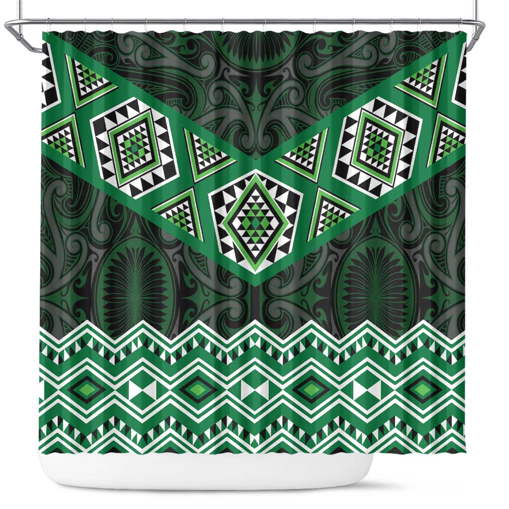 New Zealand Aotearoa Shower Curtain Green Taniko Art Maori Pattern