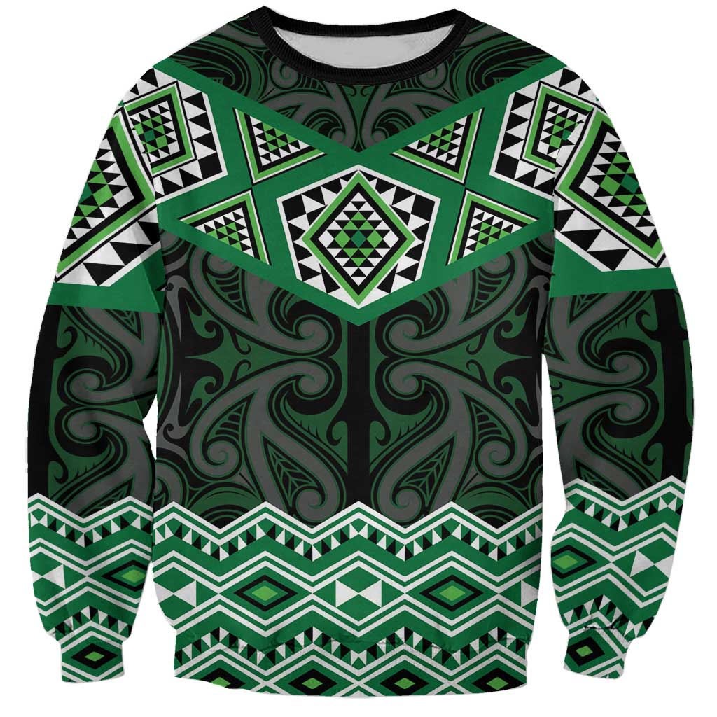 New Zealand Aotearoa Sweatshirt Green Taniko Art Maori Pattern