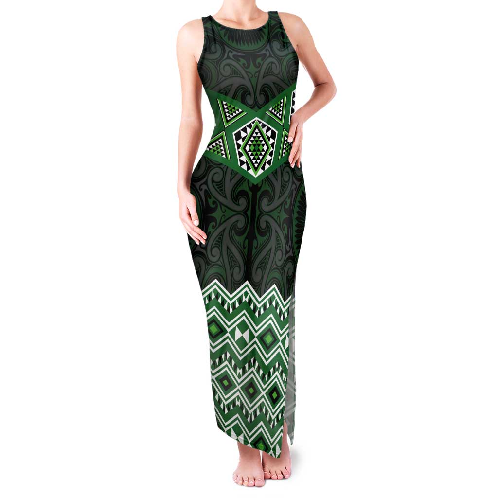 New Zealand Aotearoa Tank Maxi Dress Green Taniko Art Maori Pattern