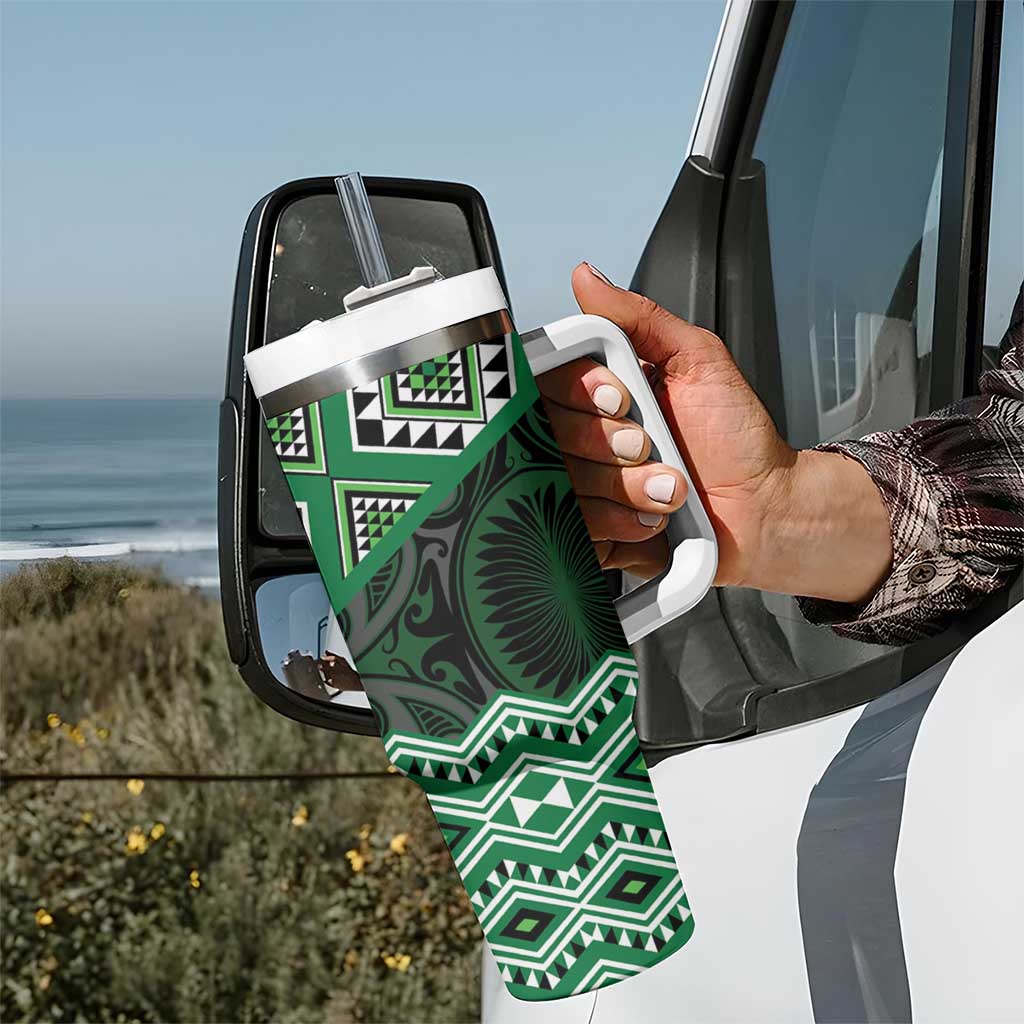 New Zealand Aotearoa Tumbler With Handle Green Taniko Art Maori Pattern