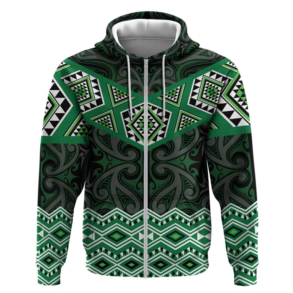 New Zealand Aotearoa Zip Hoodie Green Taniko Art Maori Pattern