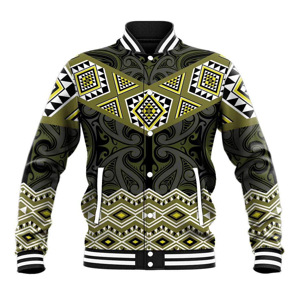 New Zealand Aotearoa Baseball Jacket Yellow Taniko Art Maori Pattern