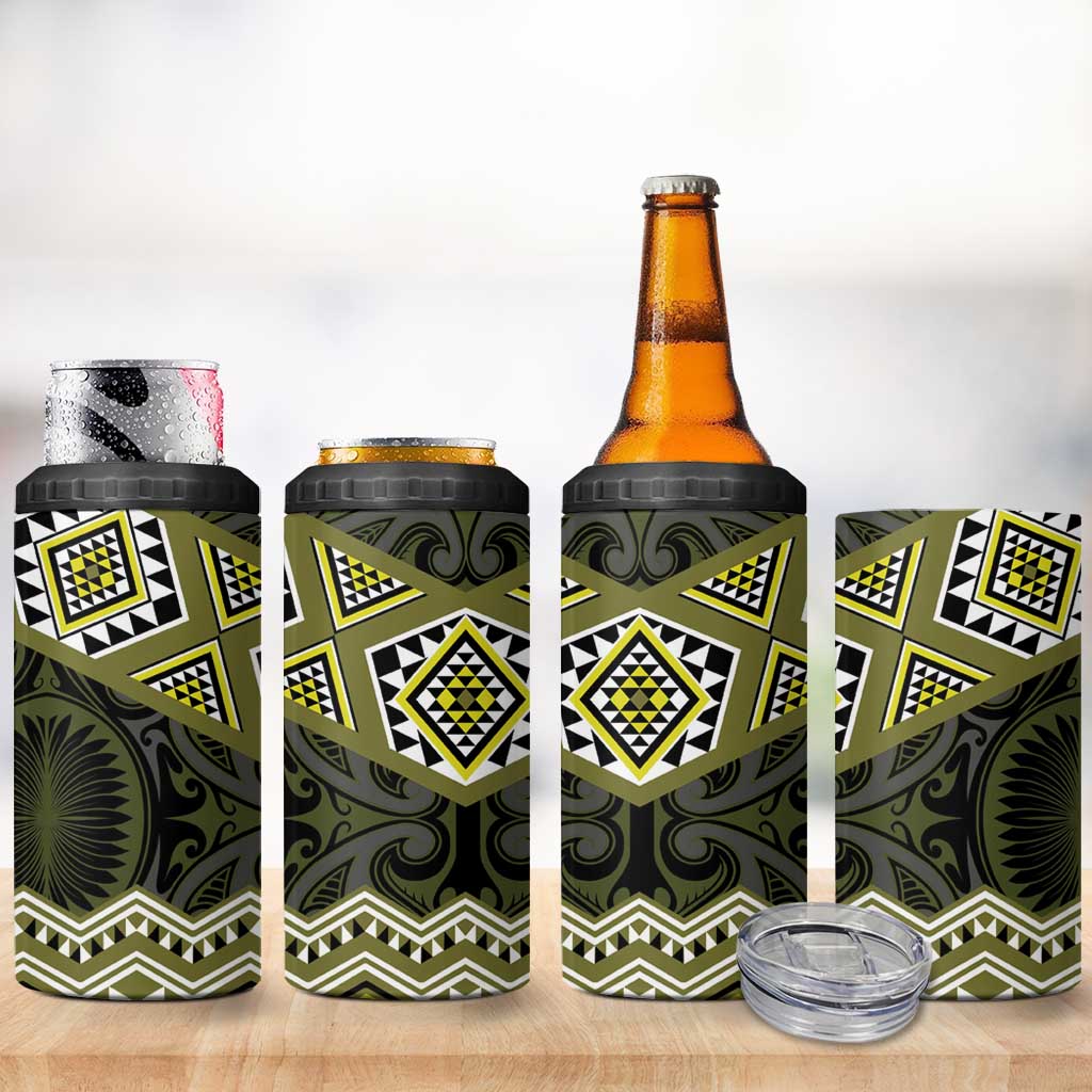 New Zealand Aotearoa 4 in 1 Can Cooler Tumbler Yellow Taniko Art Maori Pattern
