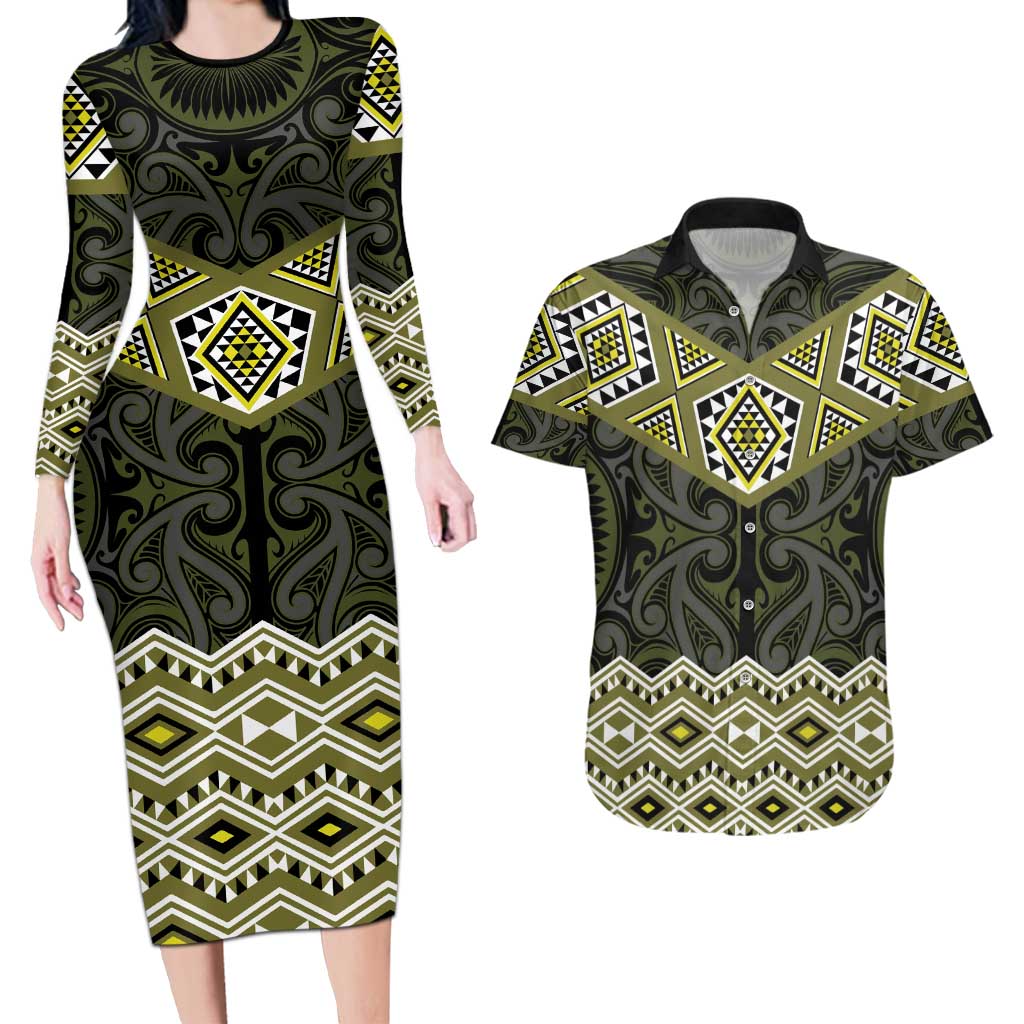 New Zealand Aotearoa Couples Matching Long Sleeve Bodycon Dress and Hawaiian Shirt Yellow Taniko Art Maori Pattern