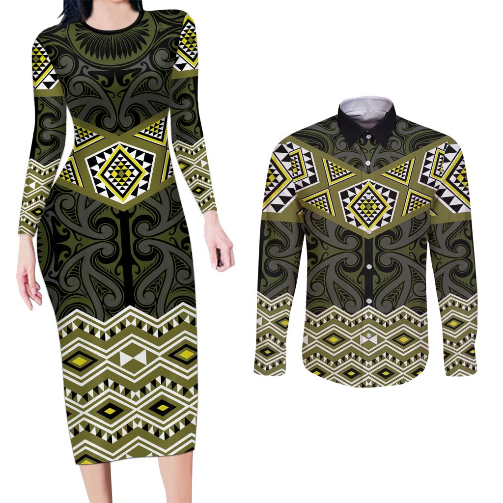 New Zealand Aotearoa Couples Matching Long Sleeve Bodycon Dress and Long Sleeve Button Shirt Yellow Taniko Art Maori Pattern