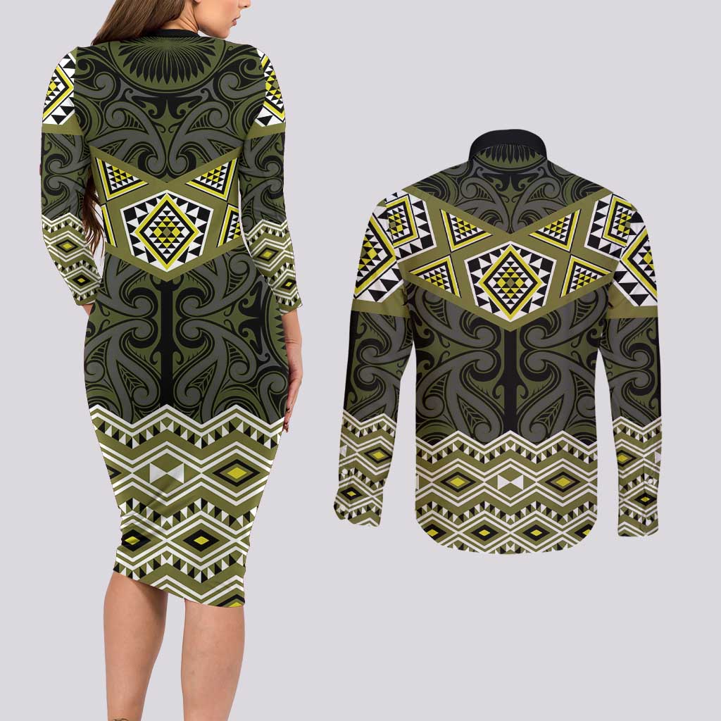 New Zealand Aotearoa Couples Matching Long Sleeve Bodycon Dress and Long Sleeve Button Shirt Yellow Taniko Art Maori Pattern LT05 - Polynesian Pride